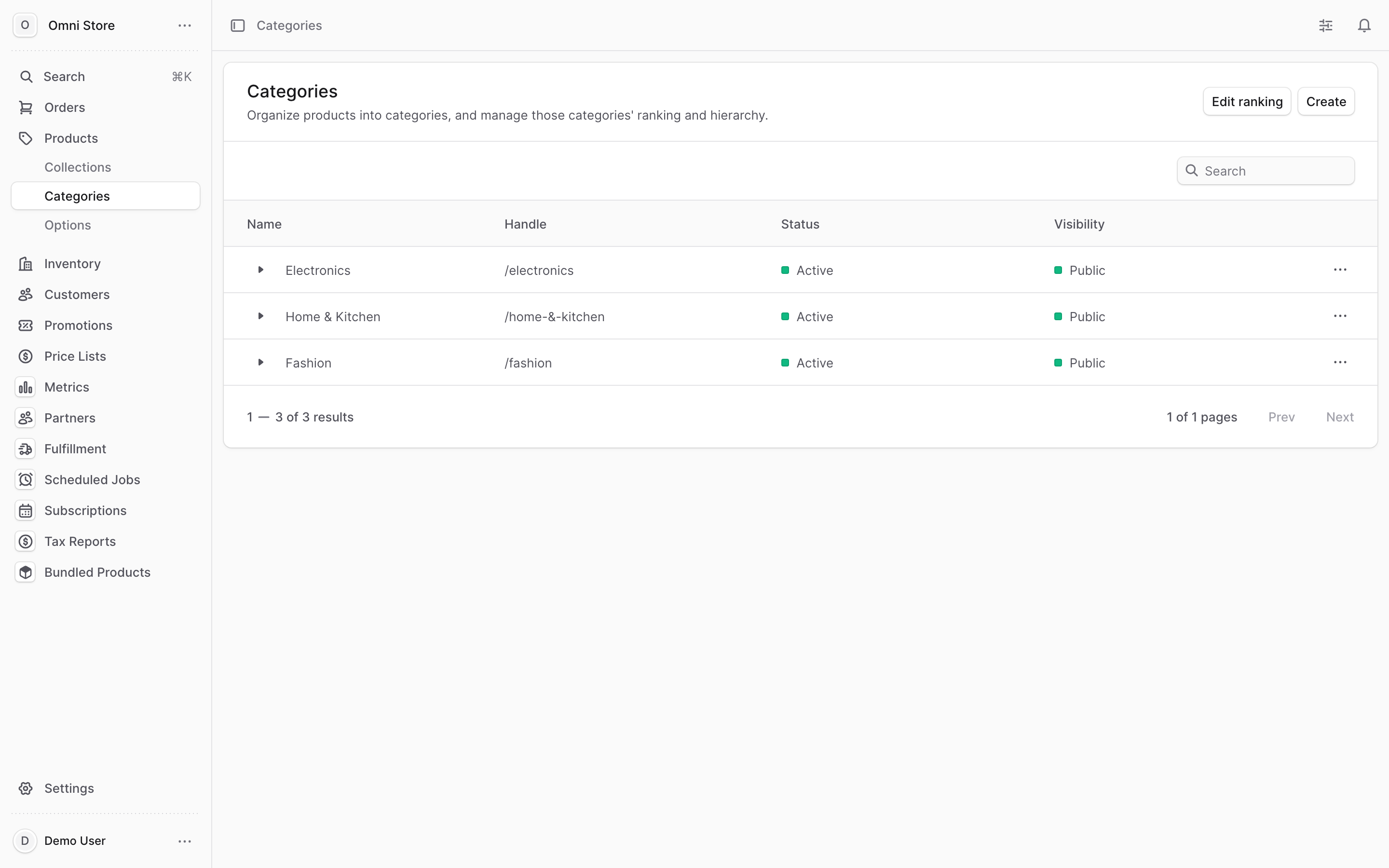 The Categories page under Products