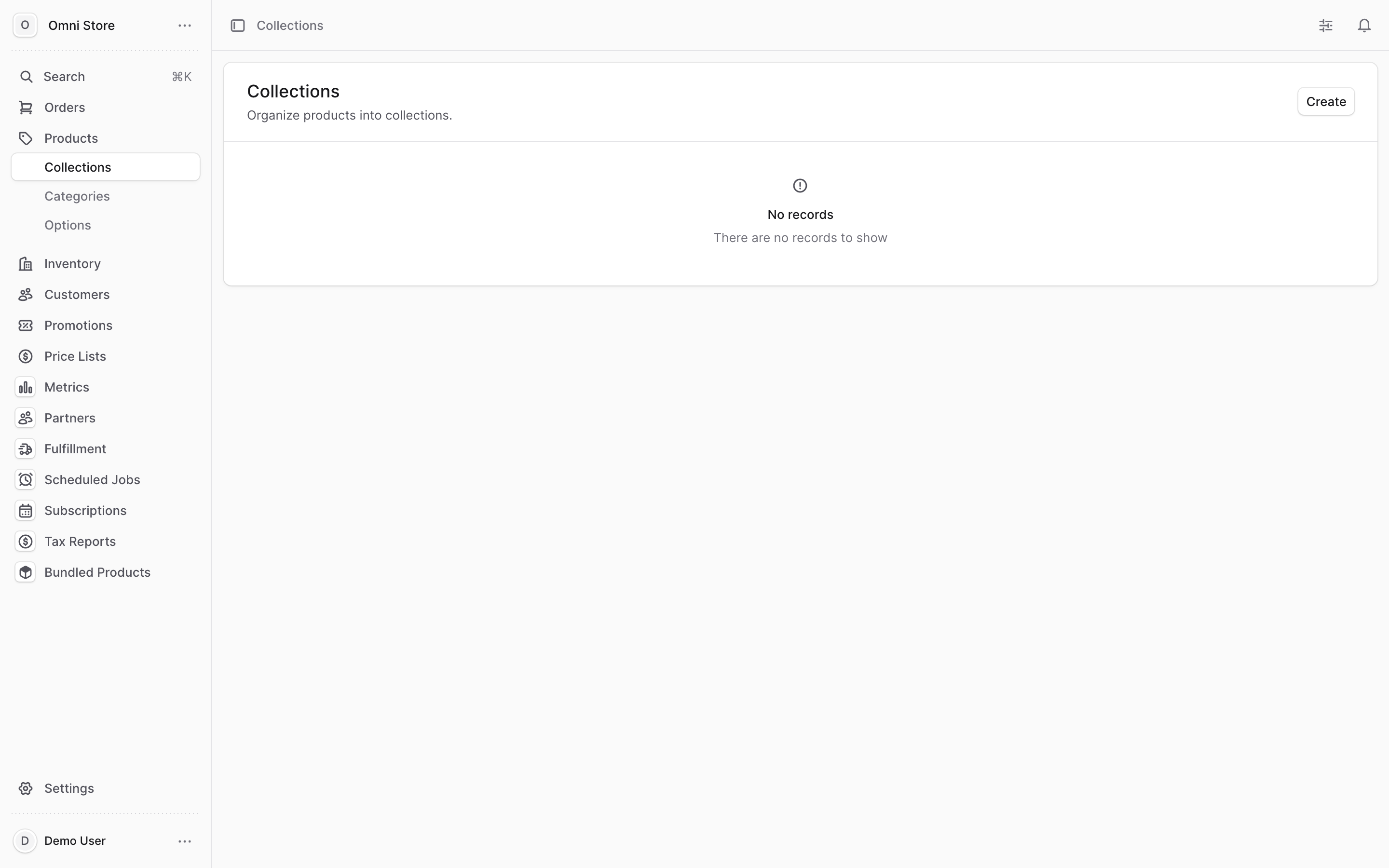 The Collections page under Products