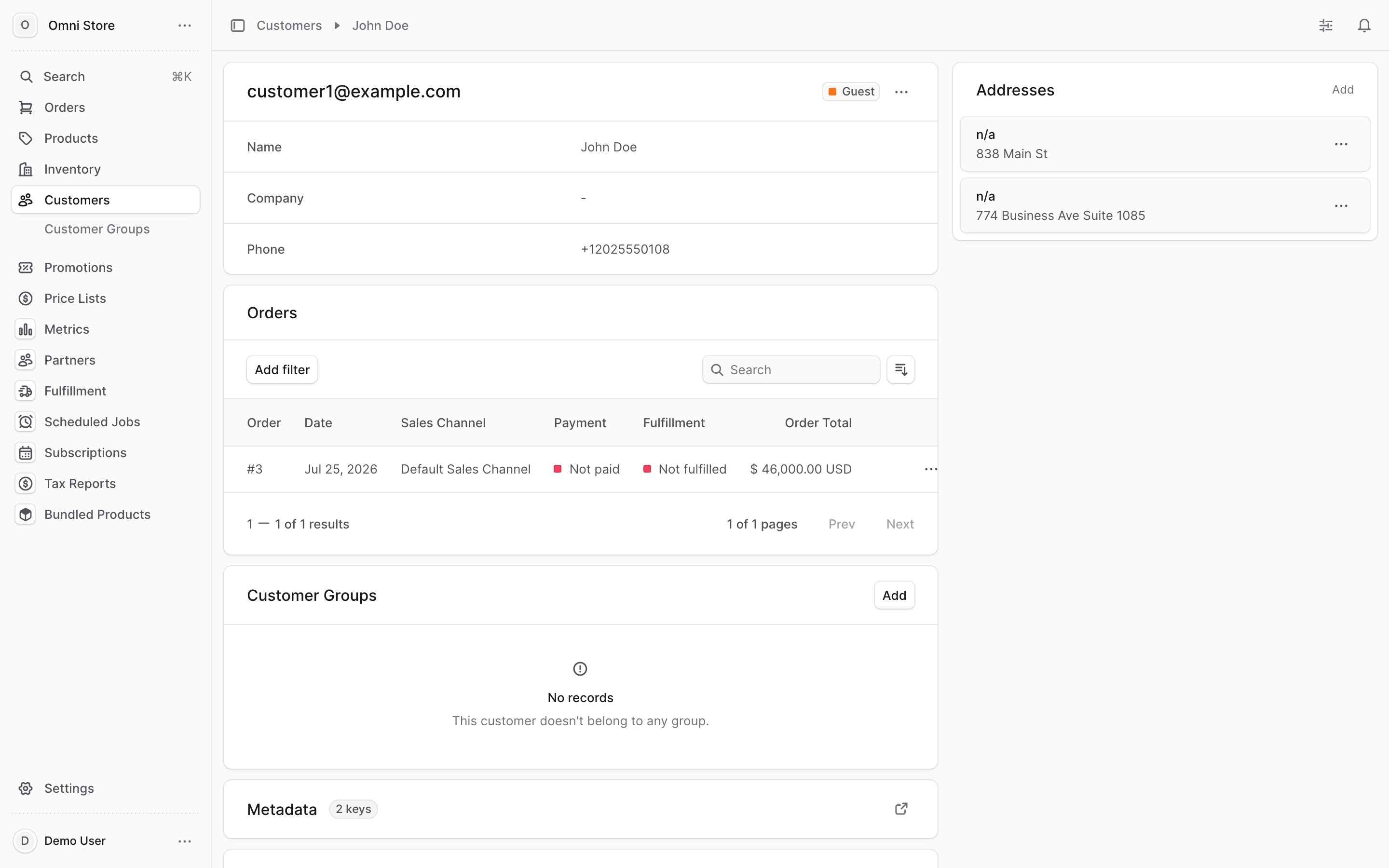 A customer's detail page showing their profile, orders, addresses, and groups