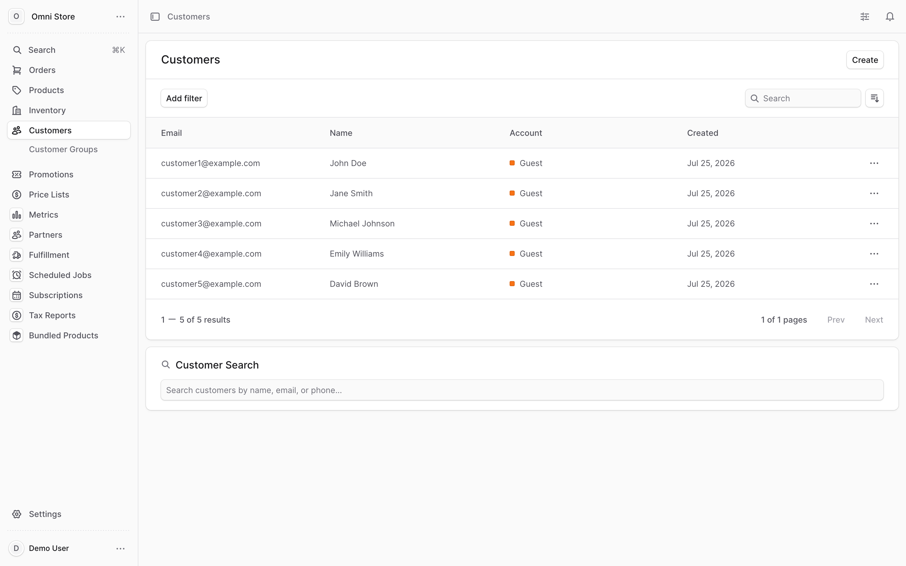 The Customers list showing email, name, and account type for each customer