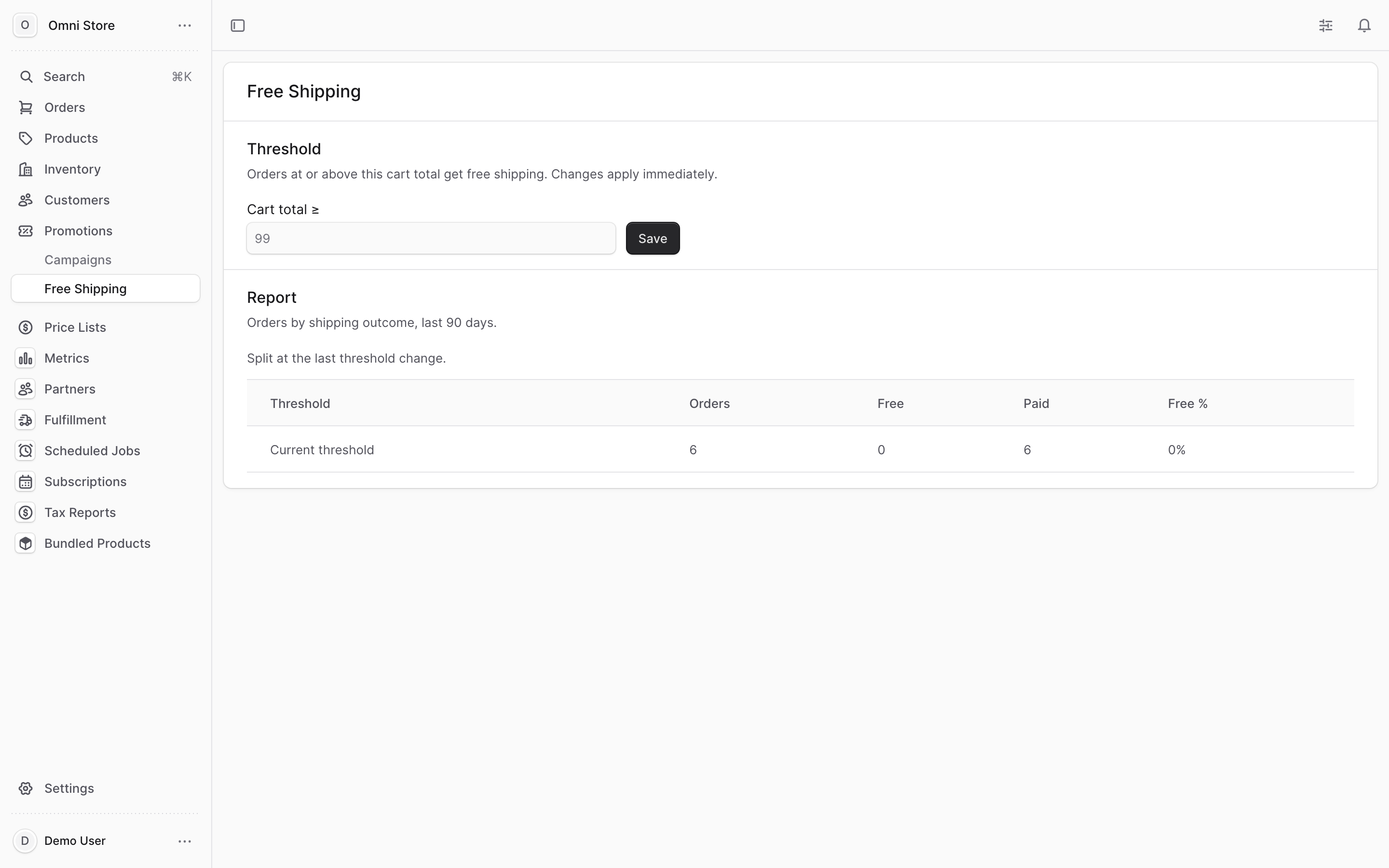 The Cart total threshold field and Save button