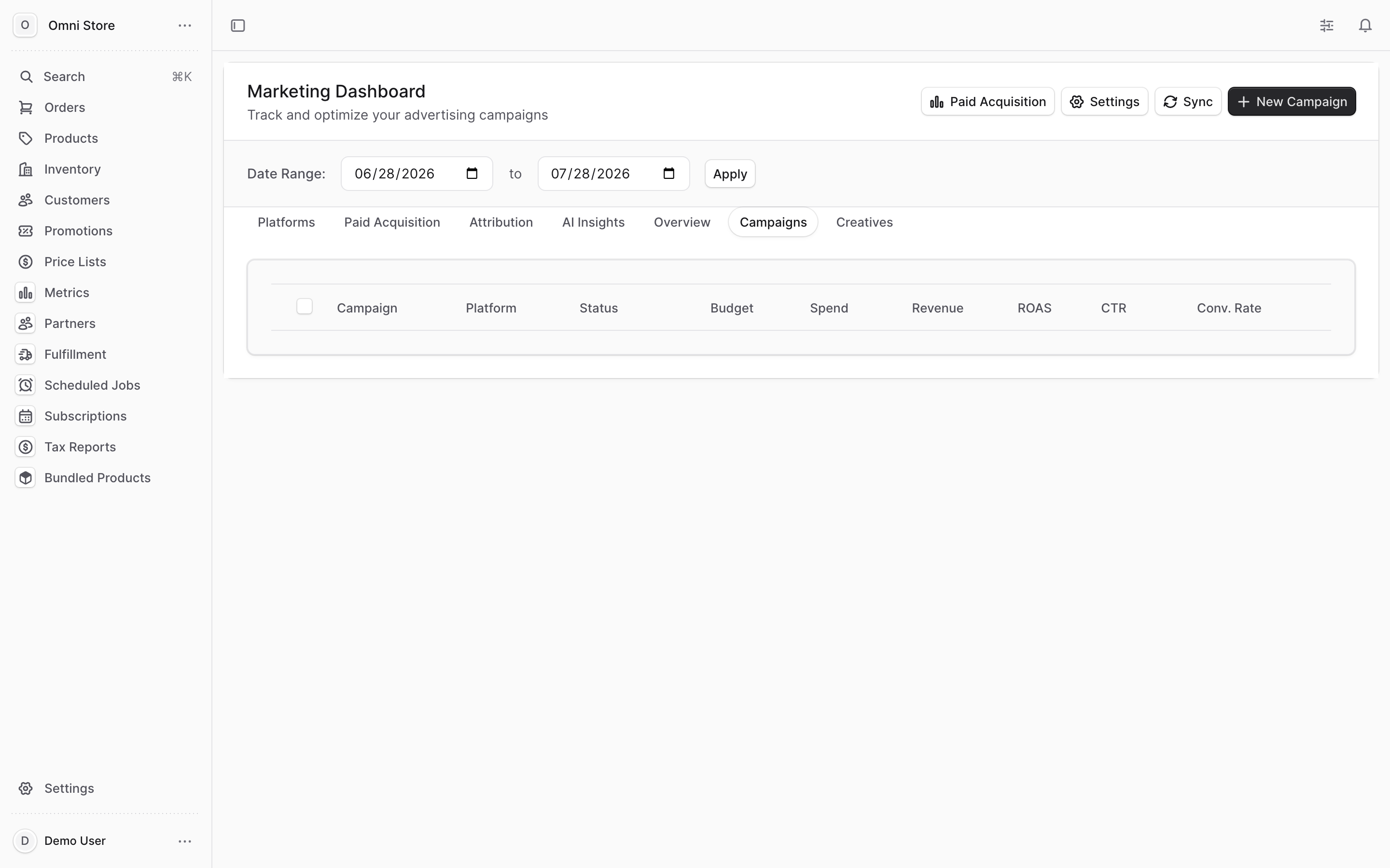 The Campaigns page showing campaign performance