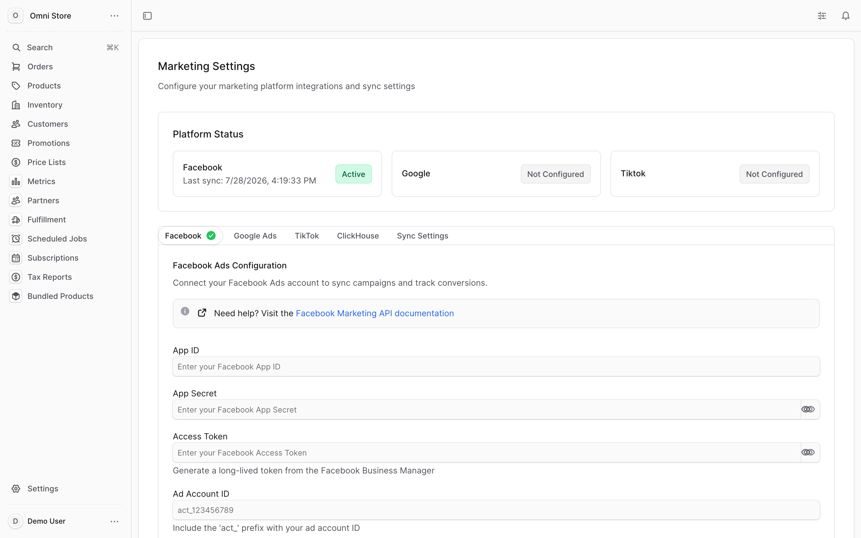 The Marketing Settings page