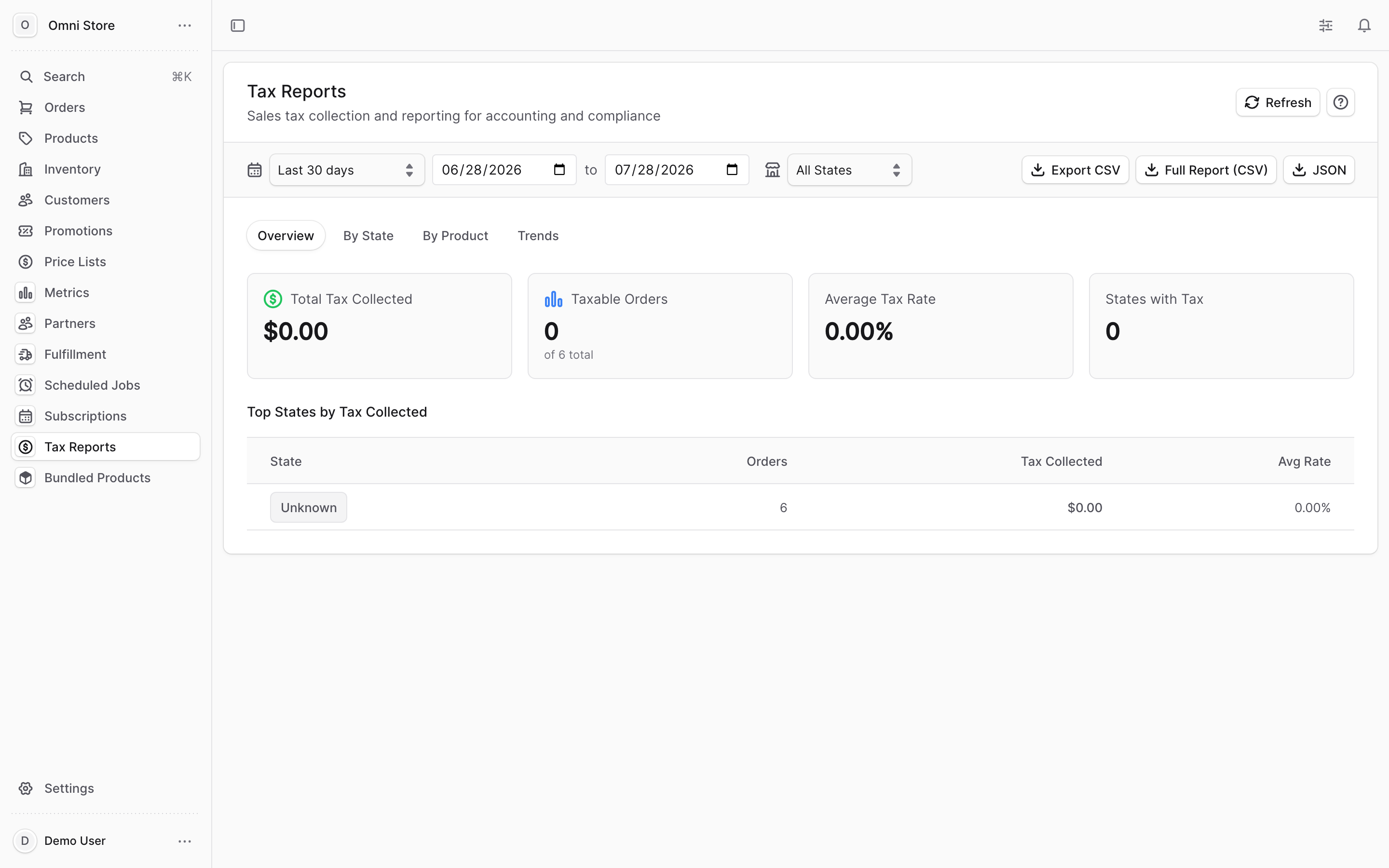 The Tax Reports page with the date and state filters