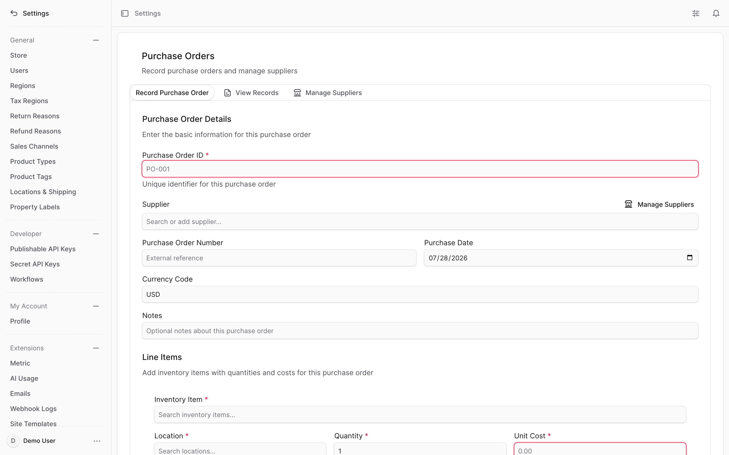 The Record Purchase Order button