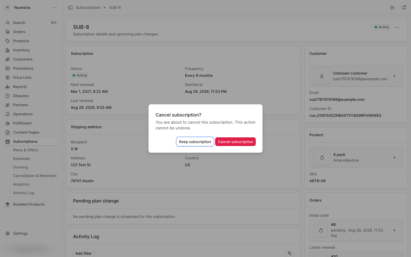 The Cancel subscription drawer with reason and end-of-cycle option