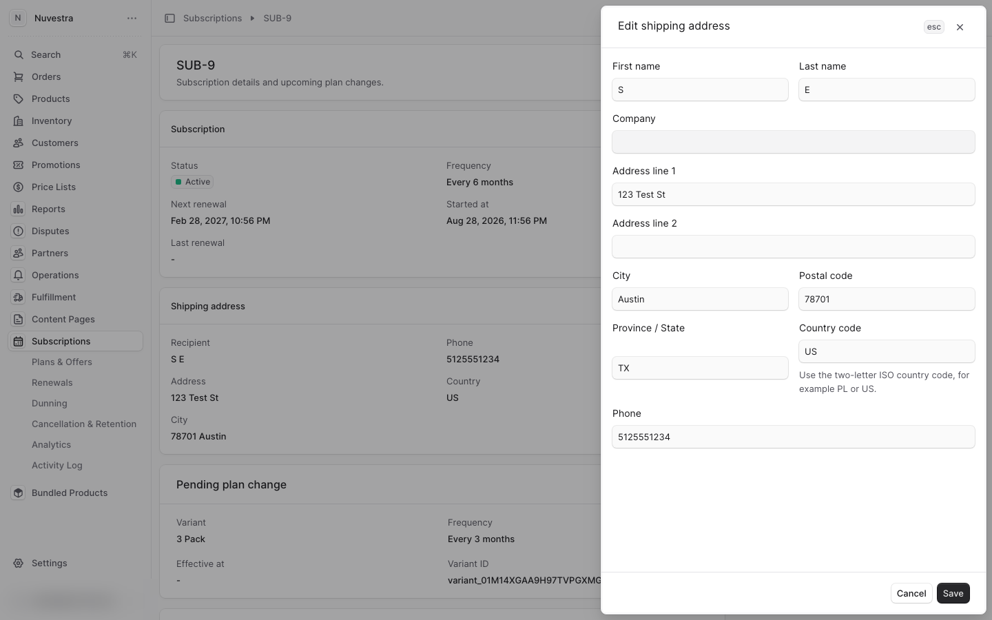 The shipping address form on a subscription