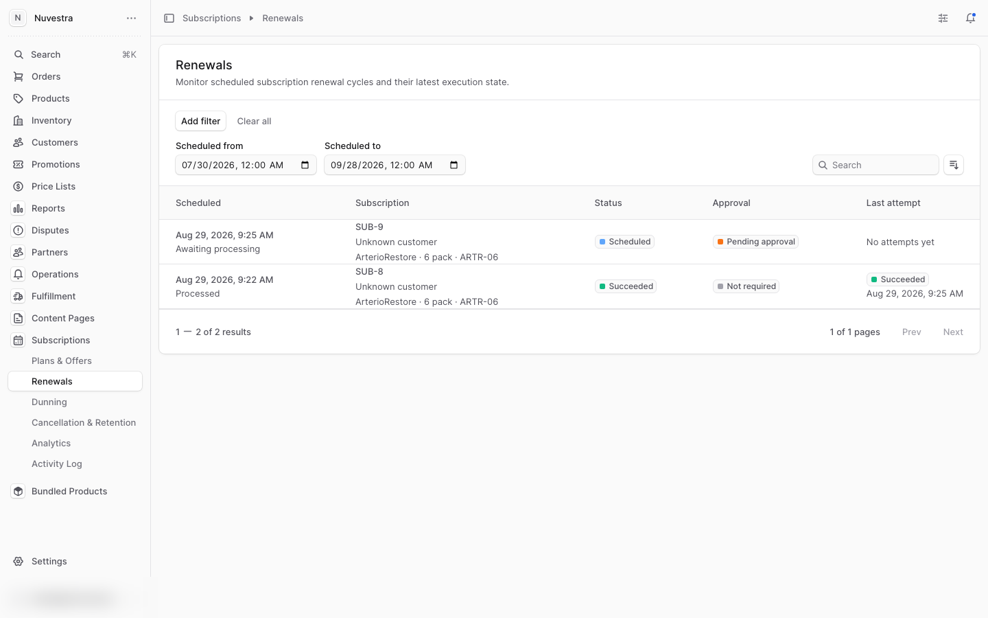 The Renewals list with one succeeded cycle and one pending approval