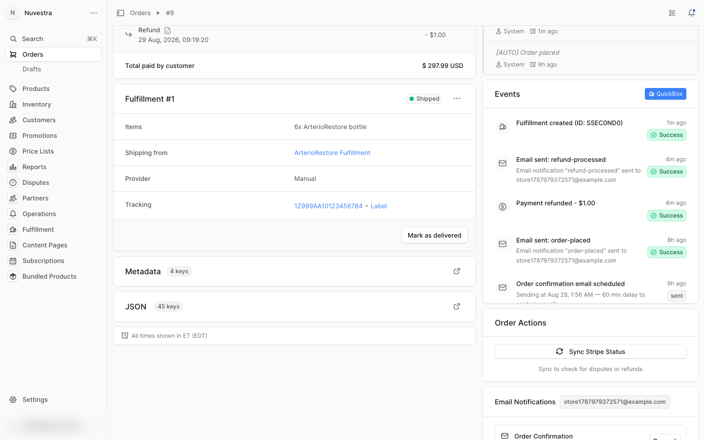 A shipped order with a clickable tracking link