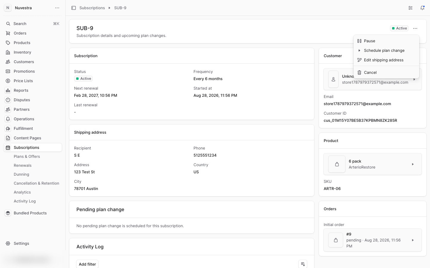 The subscription actions menu