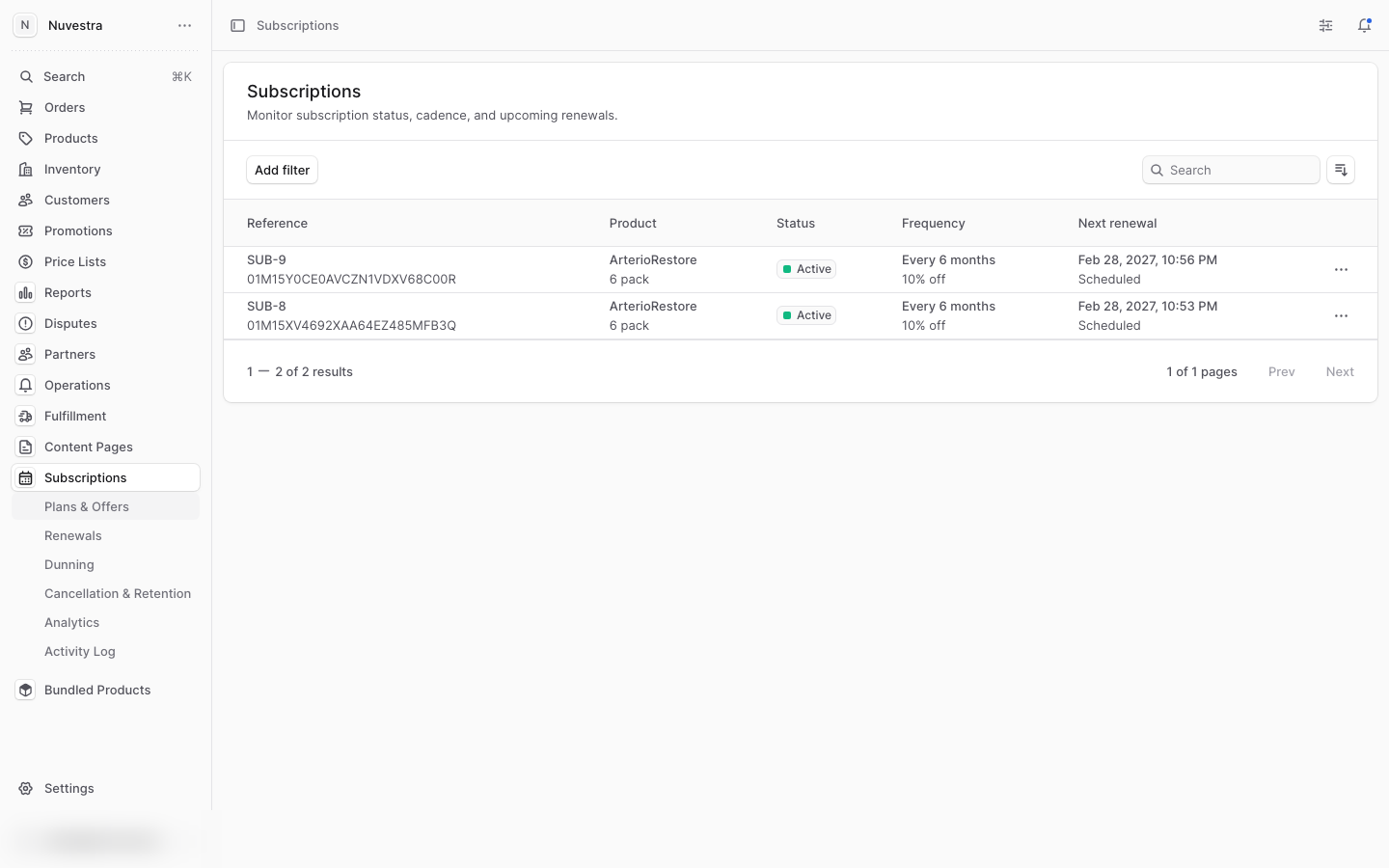 The Subscriptions list showing status, frequency, discount, and next renewal