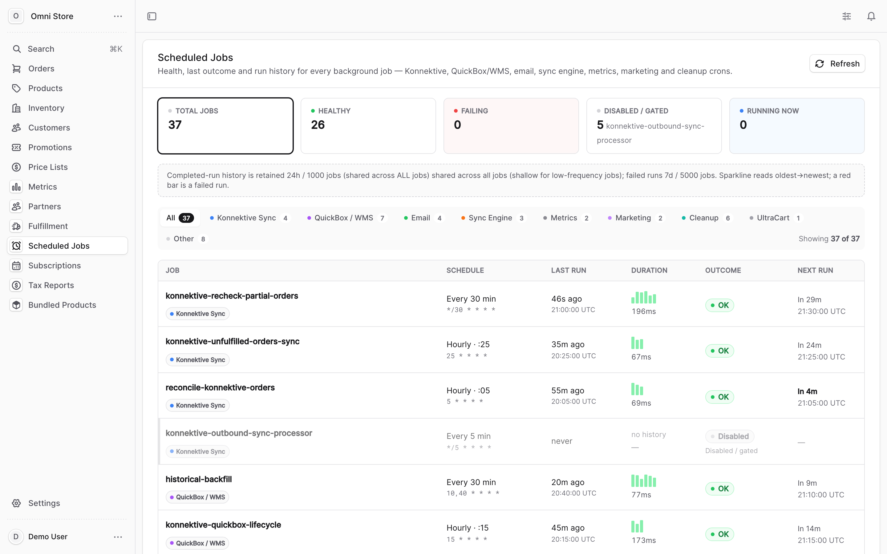 The QuickBox Sync dashboard showing job status and history