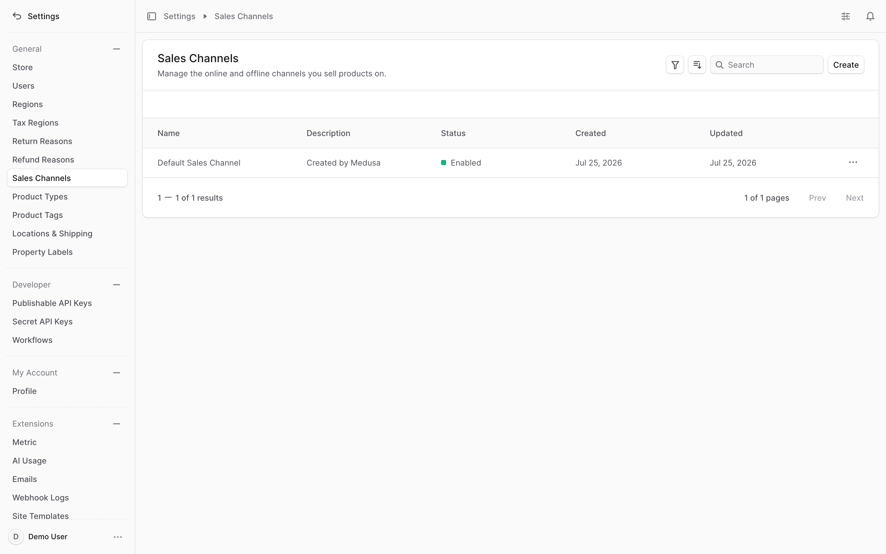 The sales channel details page with the Products section