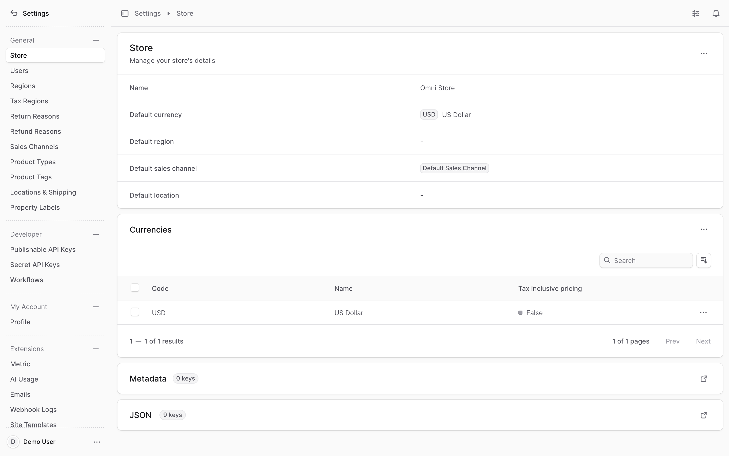 The Settings area listing Regions, Tax Regions, Locations & Shipping, Sales Channels, and Return Reasons