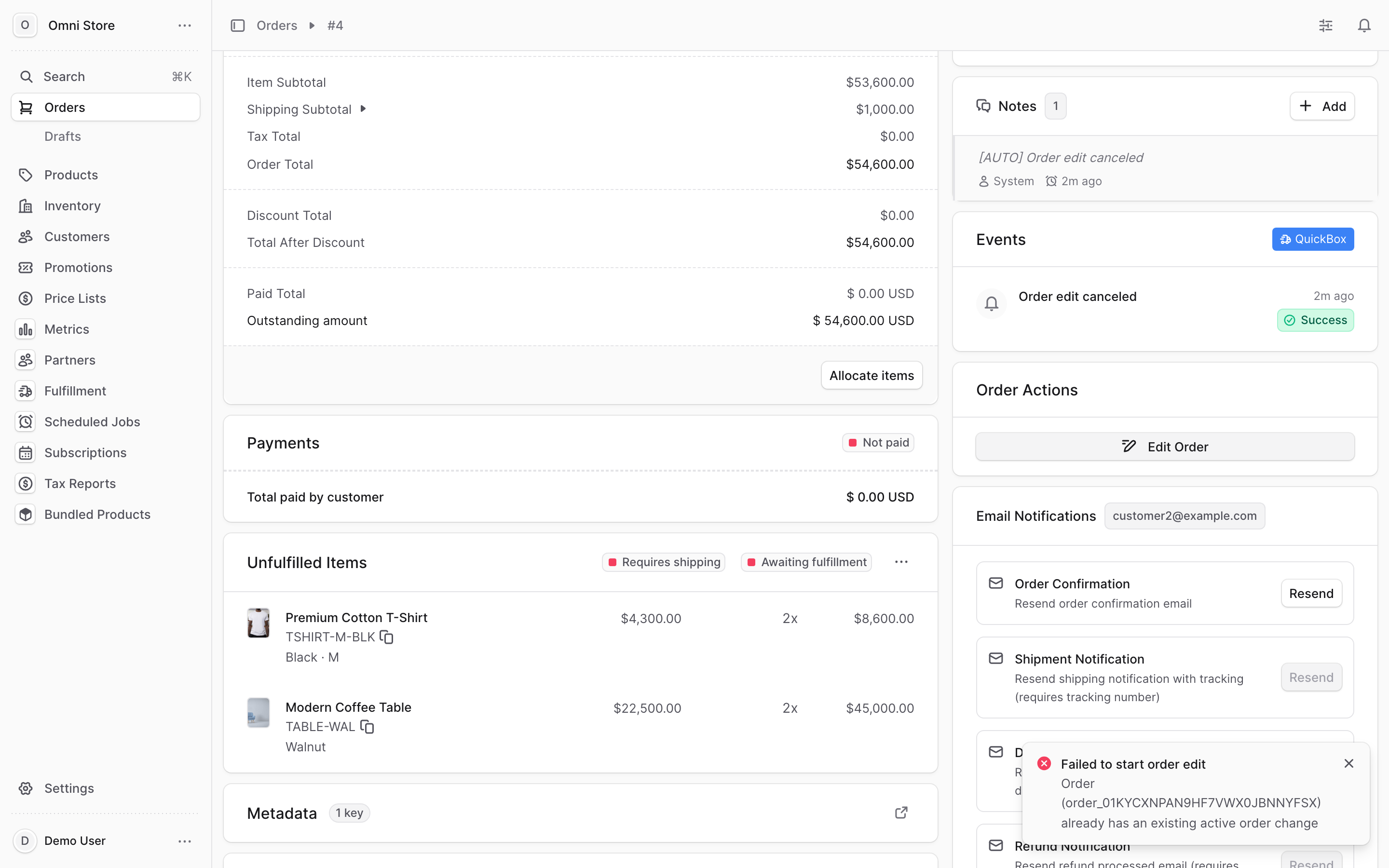Order edit mode showing New, Modified, and Removed badges